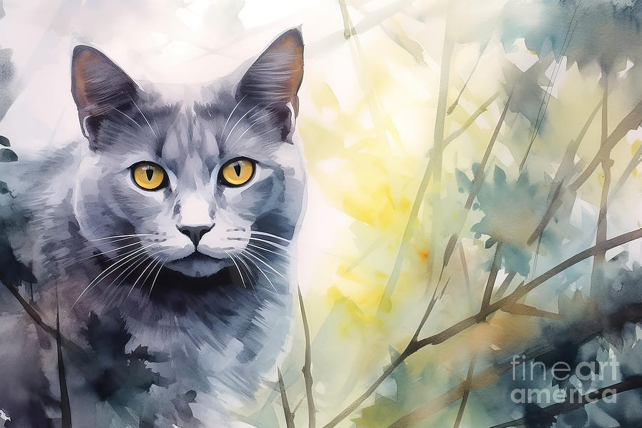 Nature Painting - A Watercolor Painting Of A Grey Cat With Yellow Eyes Looking At  #1 by N Akkash