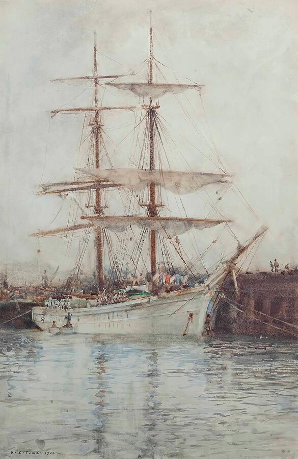 Pier Painting - A Windjammer Moored In Falmouth Harbour  #1 by Henry Scott Tuke English