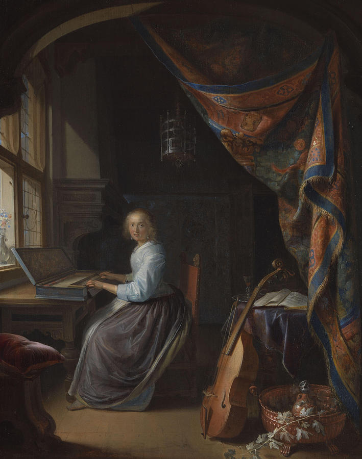 Gerrit Dou Painting - A Woman playing a Clavichord  #1 by Gerrit Dou