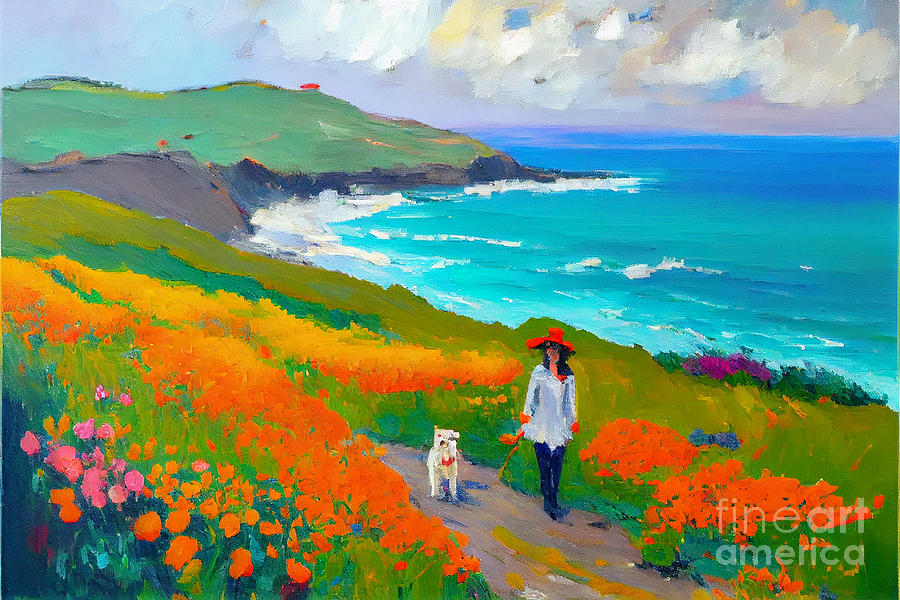 a  woman  with  her  dog  in  a  field  of  nasturtium  by Asar Studios Digital Art
