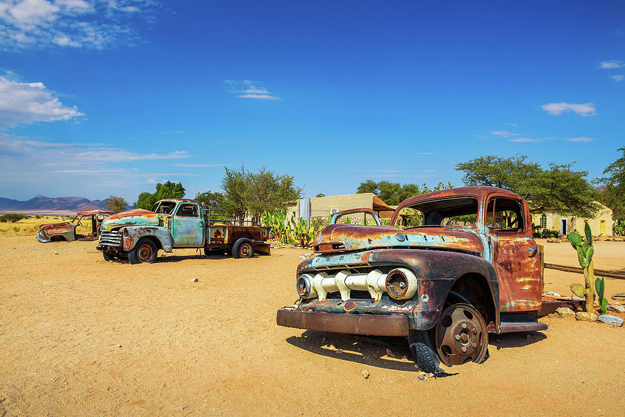 Abandoned car wrecks in Solitaire located in the Namib Desert of ...