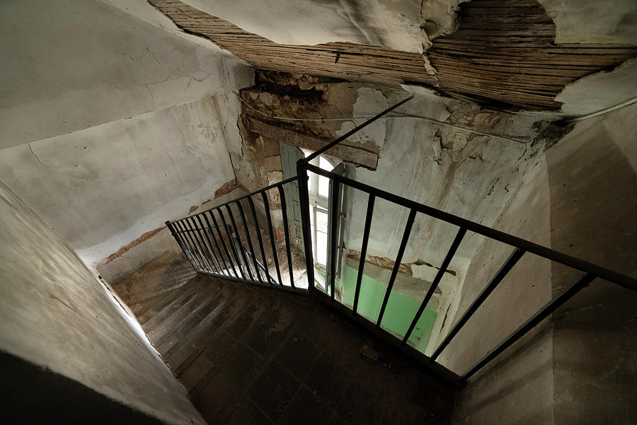 Abandoned railway station. Stairway to stationmaster's home Photograph ...