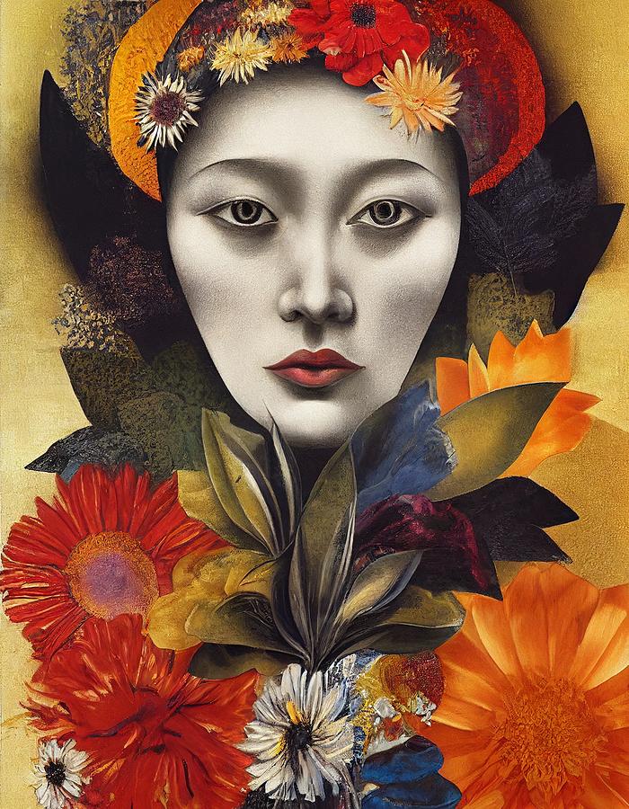Abstract art collage of young woman with flowers #1 Painting by Vincent Monozlay