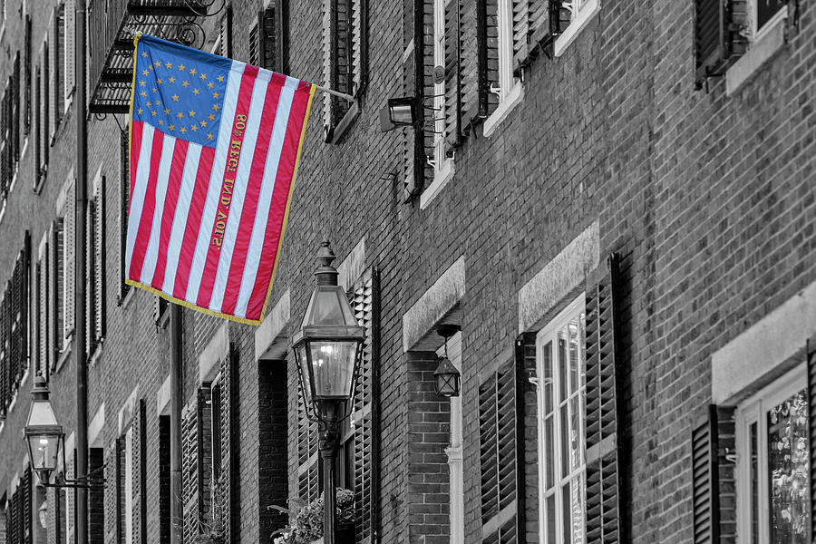 Acorn Street US Flag Boston #1 Photograph by Susan Candelario