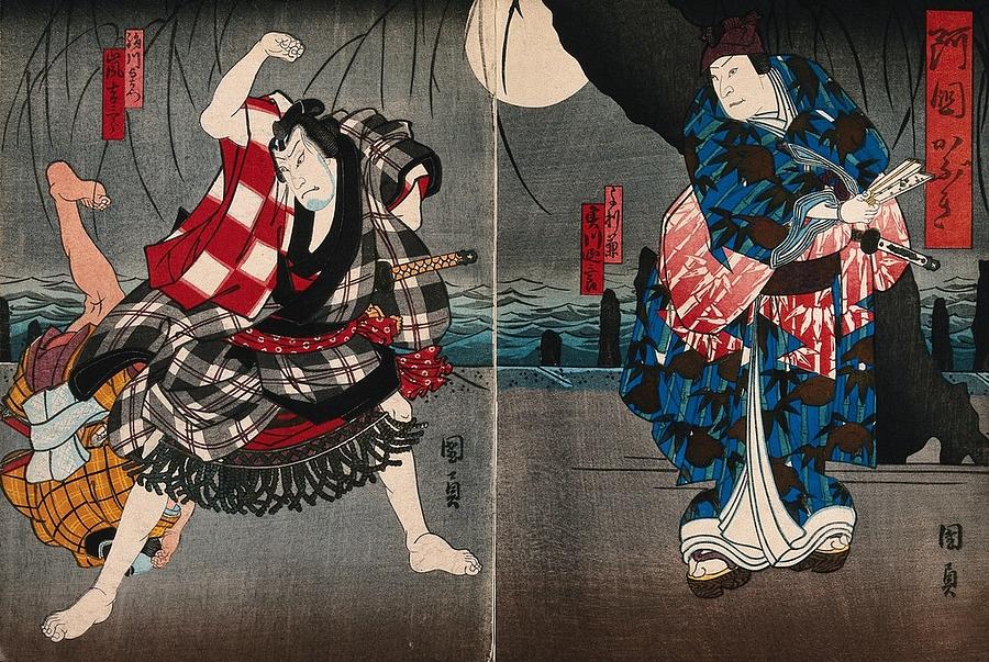 Actors fighting by moonlight. Colour woodcut by Kunikazu, early 1860s #1 Painting by Artistic Rifki