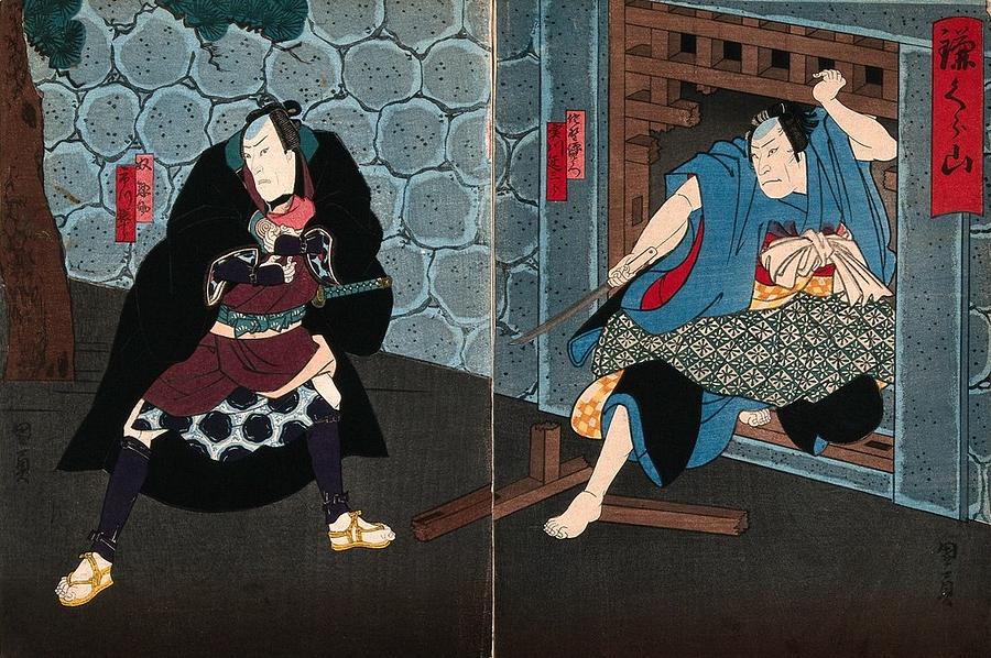 Actors in a confrontation in a large chamber. Colour woodcut by Kunikazu, early 1860s 3 #1 Painting by Artistic Rifki