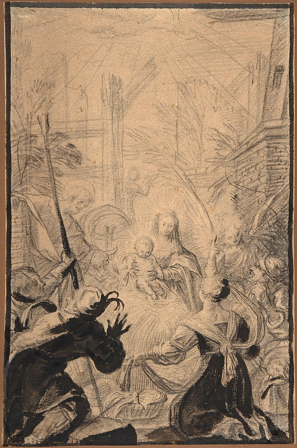 Adoration of the Shepherds #2 Drawing by Claude Vignon