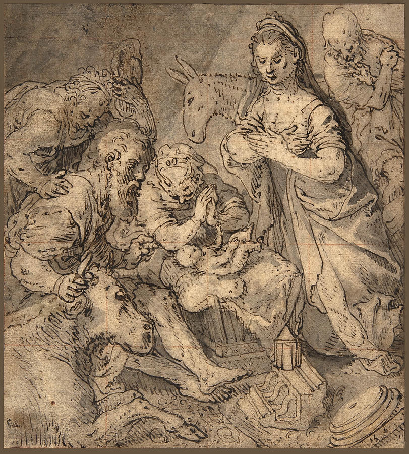 Adoration of the Shepherds #1 Drawing by Joachim Beuckelaer