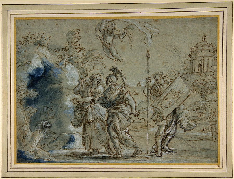 Aeneas and the Cumaean Sibyl Entering the Infernal Regions #1 Drawing by Giovanni Francesco Romanelli