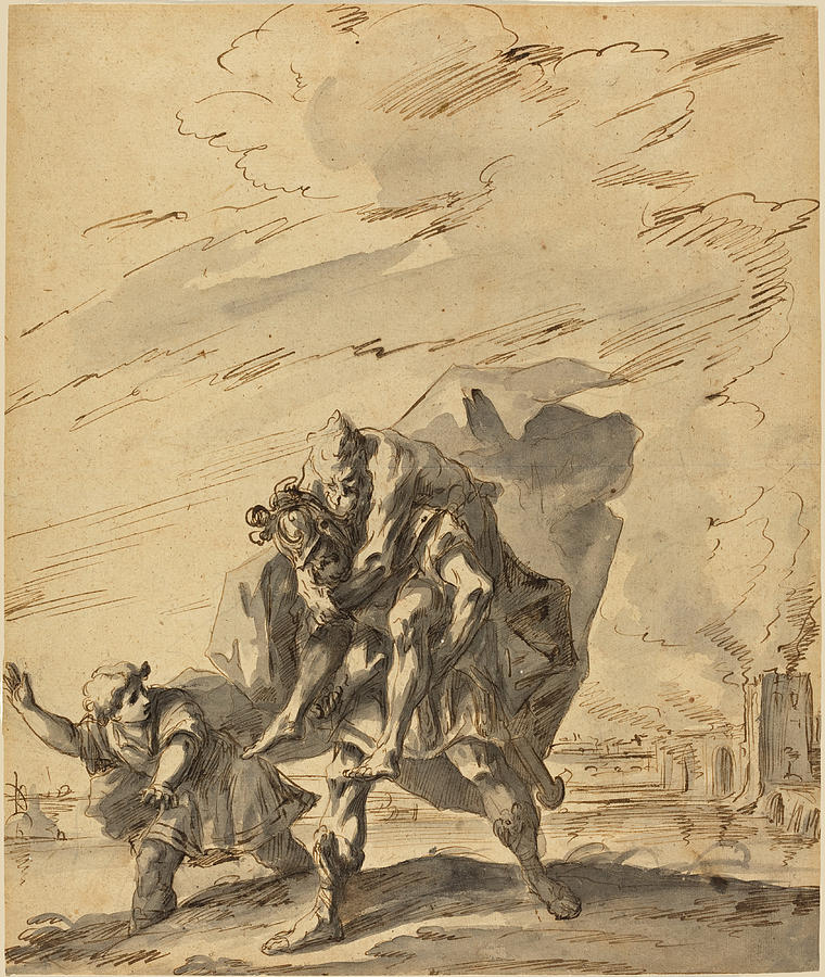 Aeneas Carrying Anchises from Burning Troy Drawing by Gaspare Diziani