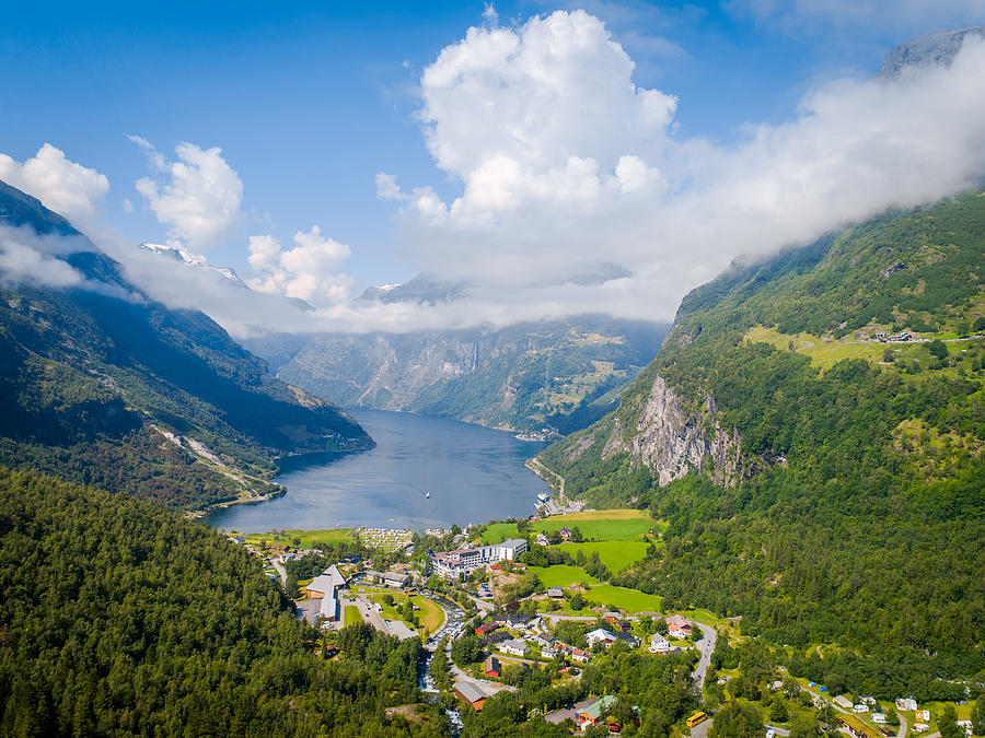 Aerial Drone Shot of the Majestic Geirangerfjord, Norway Summertime #1 Photograph by Morten Falch Sortland