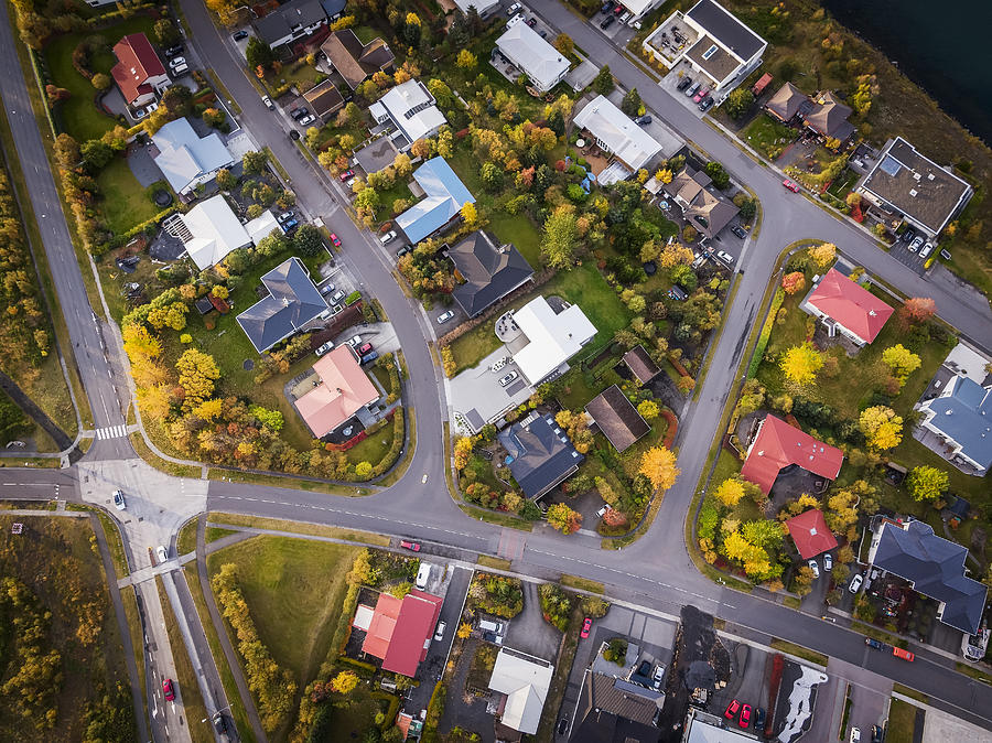 Aerial-Homes in a suburb of Reykjavik, Iceland #1 Photograph by Arctic-Images