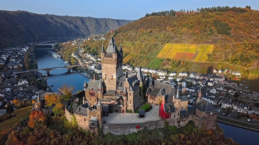 Aerial of Cochem castle and Vineyards in Mosel wine valley at autumn, Rhineland-Palatinate, Germany. #1 Photograph by Rusm