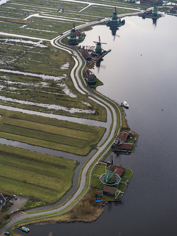 Aerial of Zaanse Schans windmills in Amsterdam #1 Photograph by Nisian Hughes