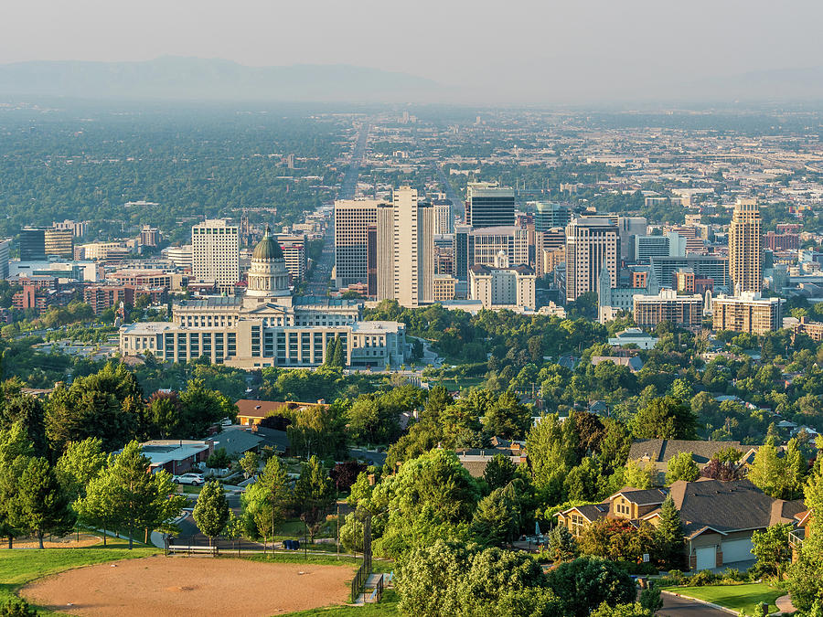 Aerial panorama of Salt Lake City downtown Photograph by Alex Smolyanyy ...