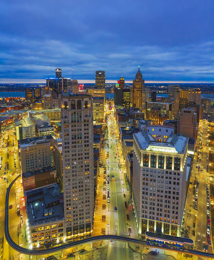 Aerial Skyline of Detroit downtown with Michigan at night #1 Photograph by Pawel.gaul