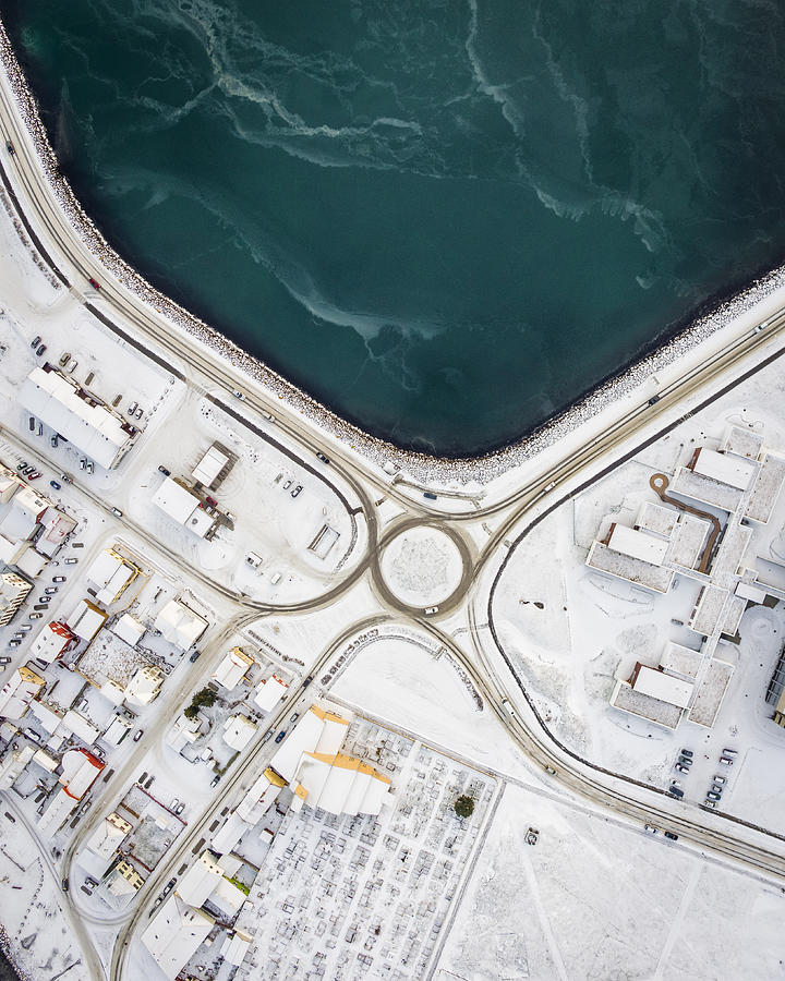 Aerial-Traffic Circle in the Winter by the Sea. #1 Photograph by Arctic-Images