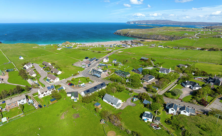 Aerial view from drone of village of Durness on North Coast 500 route ...