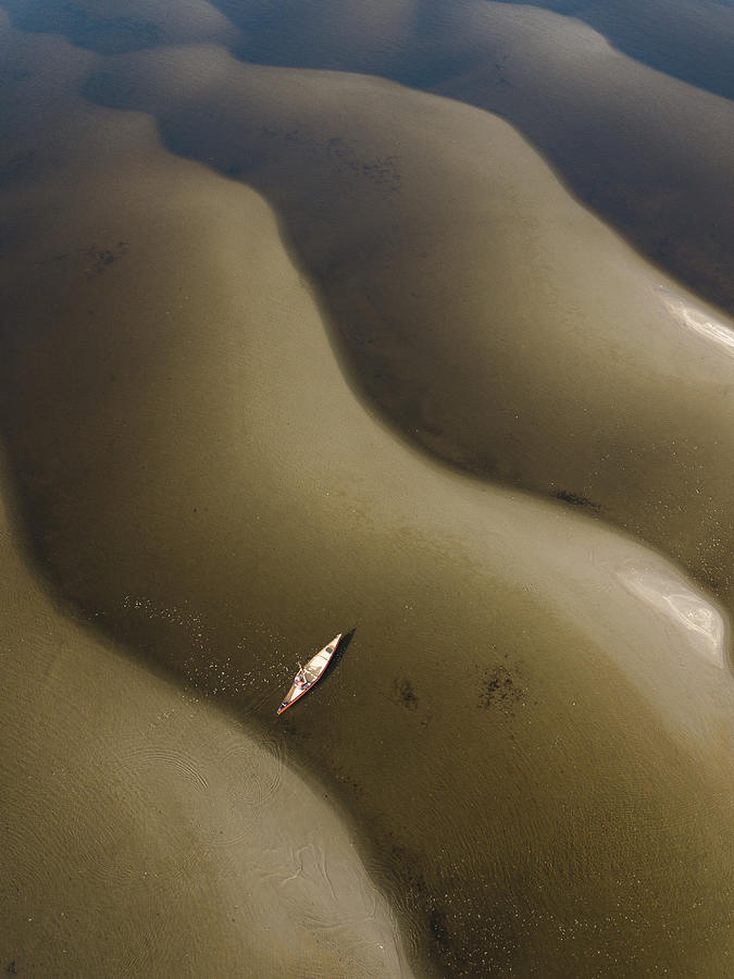 Aerial view of a man in a canoe on the Saint John River, New Brunswick, Canada #1 Photograph by by Marc Guitard