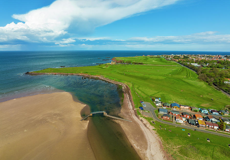 Aerial view of Belhaven Bridge over Biel Water and Winterfield Golf ...