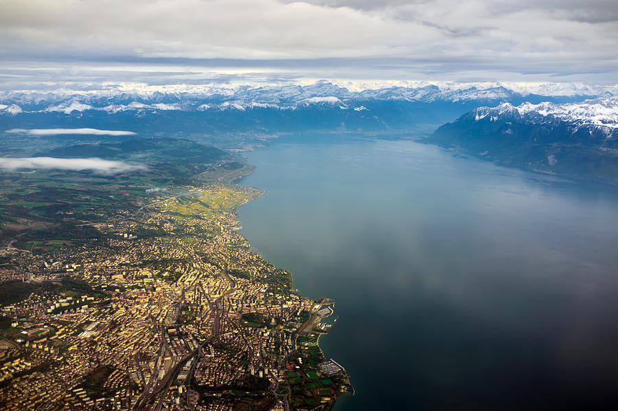 aerial view of Lausanne and Lac Leman #1 Photograph by Xenotar
