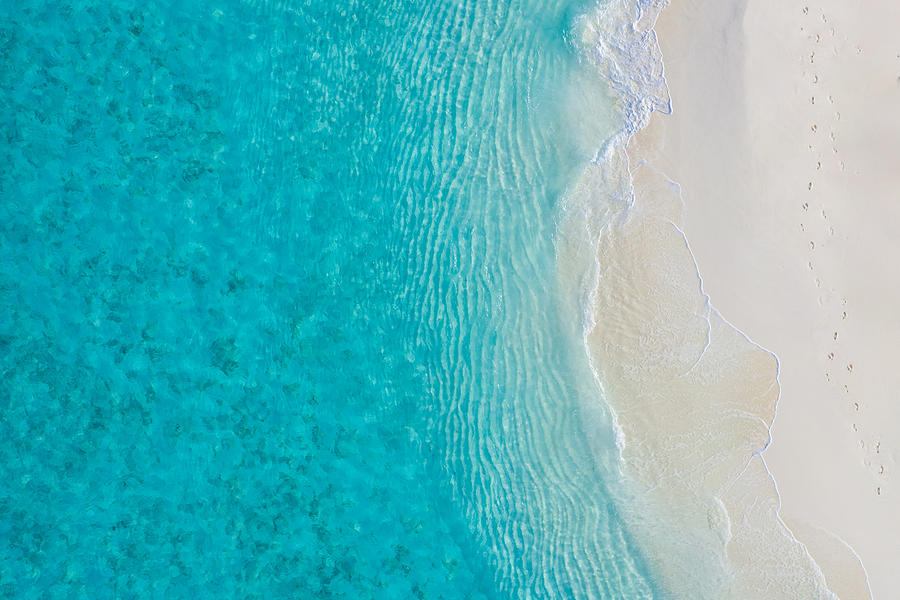 Aerial view of sandy tropical beach in summer. Aerial landscape of sandy beach and ocean with waves, view from drone or airplane. Nature environment, peaceful bright zen, freedom scene #1 Photograph by Levente Bodo