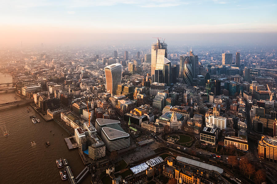 Aerial view of the City at sunset, London, United Kingdom #1 Photograph by Matteo Colombo