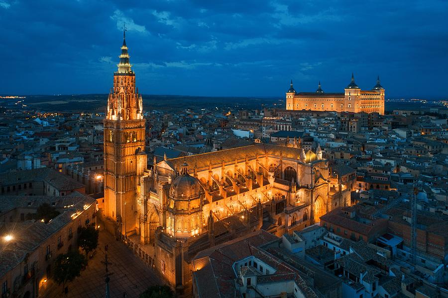 Aerial view of Toledo Cathedral at night #1 Photograph by Songquan Deng
