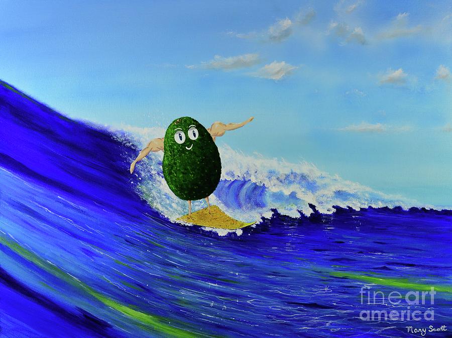 Alex the Surfing Avocado #1 Painting by Mary Scott