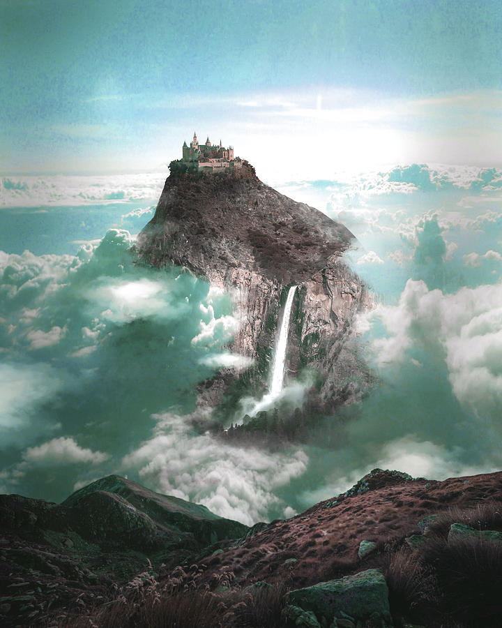 Alpine Castle And Waterfall - Surreal Art By Ahmet Asar Digital Art