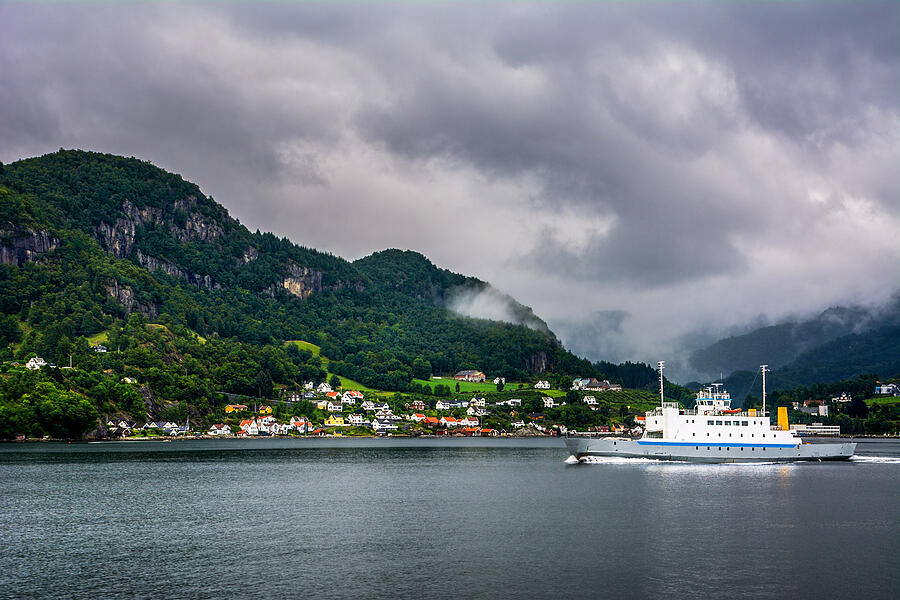 Amazing landscape view with fjord, mountains and ferry. Norway #1 Photograph by Elena-studio