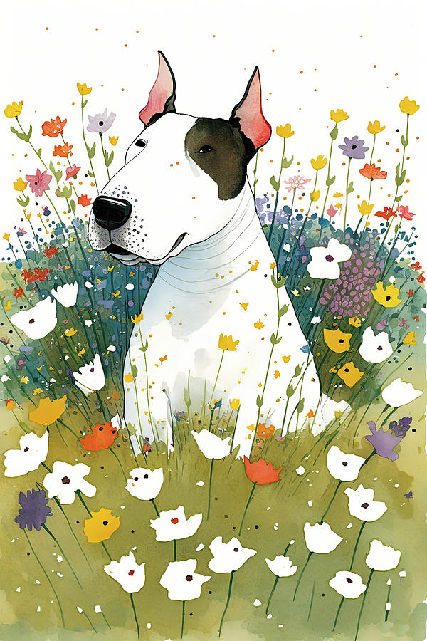 American Bull dog in flower field #1 Digital Art by Debbie Brown
