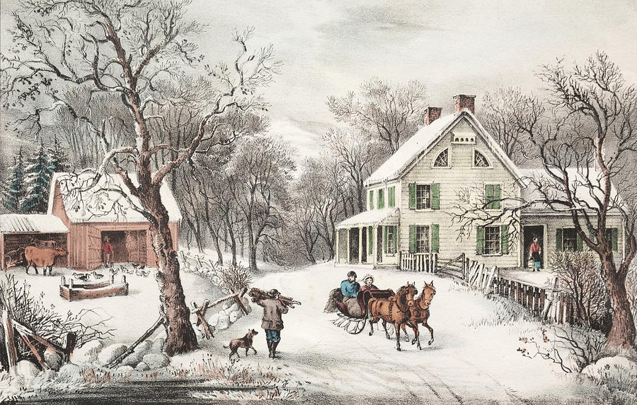 Vintage Drawing - American Homestead, Winter #1 by Currier and Ives