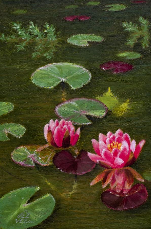 Among the Lilies print / calm, colorful vivid Summer pond scene Painting by V Leigh Carr Among the Lilies print / calm, colorful vivid Summer pond scene Painting by V Leigh Carr