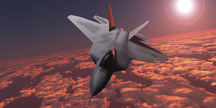 An F-22 fighter jet flies at an altitude above the cloud layer on its mission. #1 Drawing by Corey Ford/Stocktrek Images