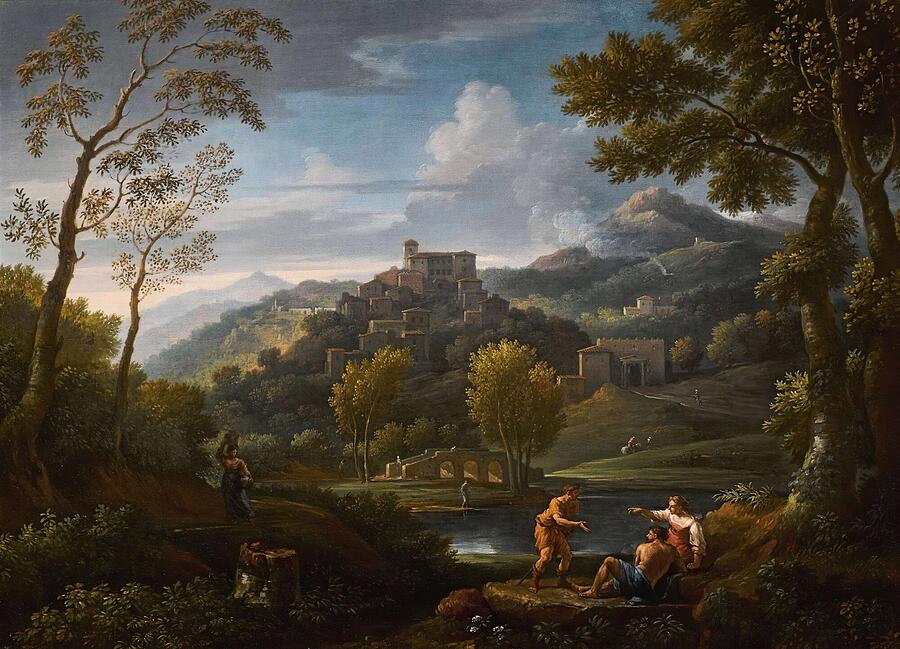 Tree Painting - An italianate landscape with figures in the foreground a hilltop town beyond #1 by Jan Frans Van Bloemen Flemish