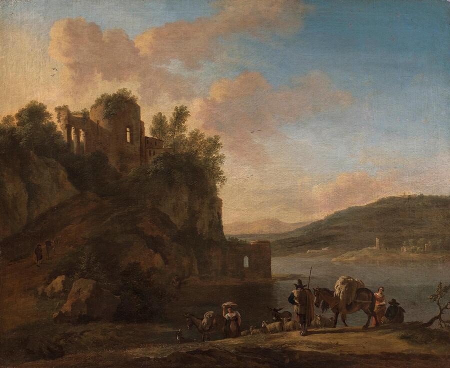 An Italianate River Landscape With Herders On A Path With Their Flock And Donkeys #1 Painting by Jan Asselijn Dutch