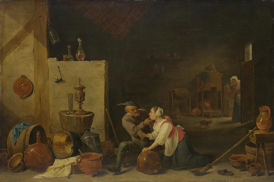 An Old Peasant caresses a Kitchen Maid in a Stable  #1 Painting by David Teniers the Younger