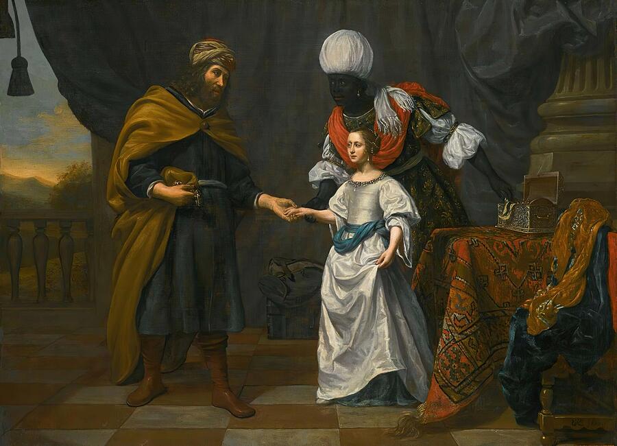 An Old Testament Scene Possibly Eliezer Offering Jewels To Rebecca  #1 Painting by Gerard van Kuijl Dutch