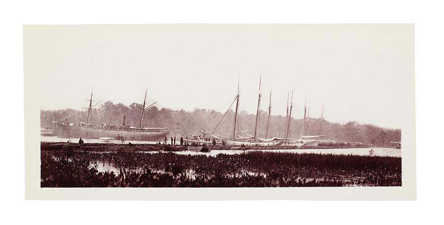 Map Painting - ANDREW JOSEPH RUSSELL   Pontoon Bridge Across James River at Powhatan Point, Virginia, 1864 #1 by MotionAge Designs
