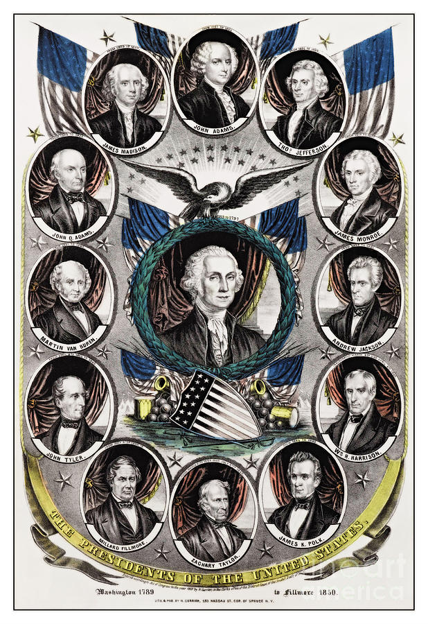 Antique Montage of American Presidents from 1789 to 1850 by Nathaniel Currier #2 Painting by Peter Ogden