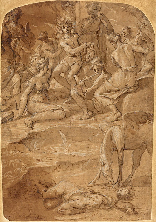 Apollo and the Muses on Mount Parnassus #2 Drawing by Johann Christoph Storer