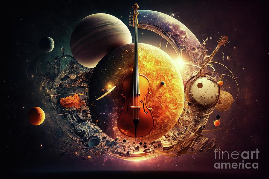 Art design of music instruments like violins, in outer space wit ...