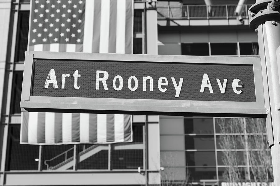 Art Rooney Ave. sign in Pittsburgh Pennsylvania in black and white #1 Photograph by Eldon McGraw