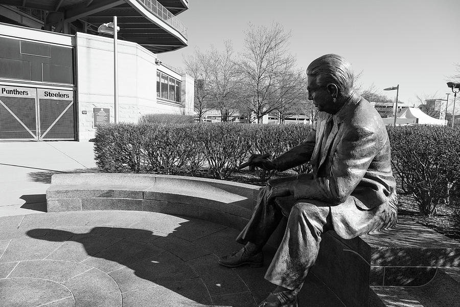 Art Rooney statue in Pittsburgh Pennsylvania in black and white #1 Photograph by Eldon McGraw