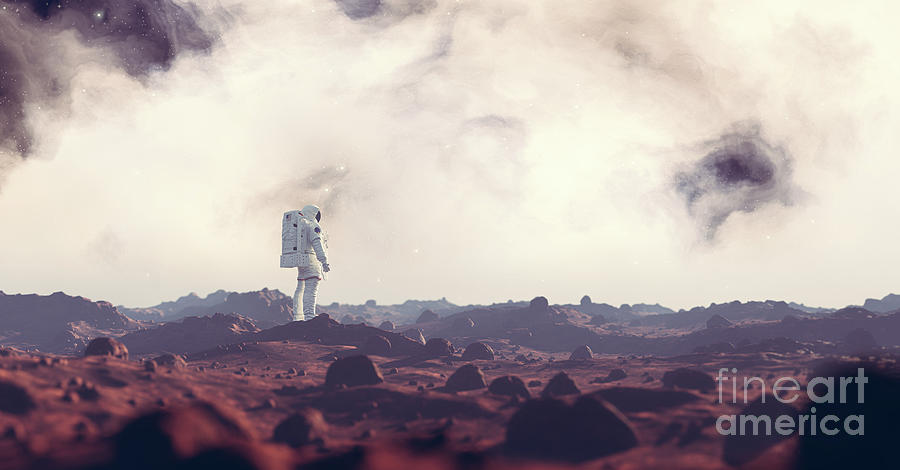 Astronaut Exploring Mars, A Red Planet. Spacewalk Photograph