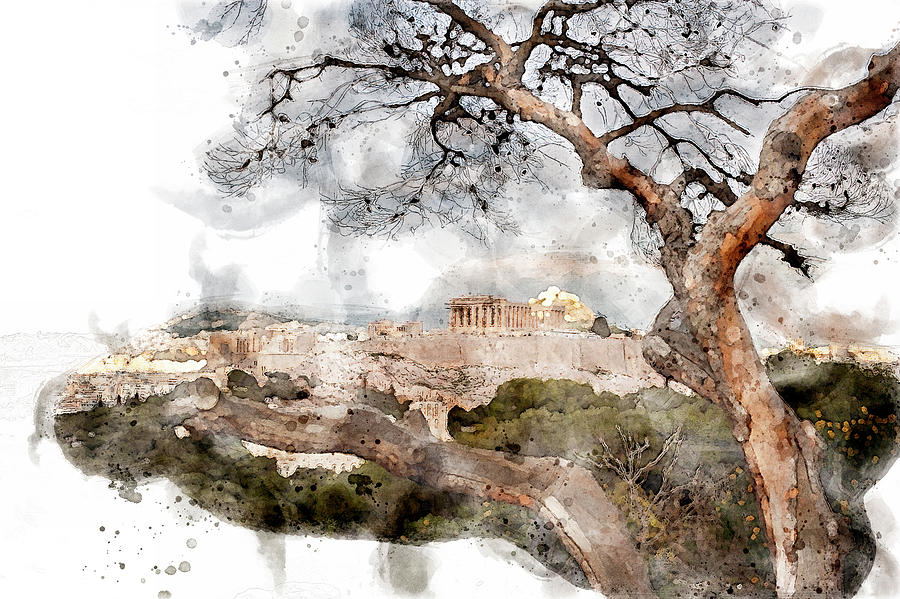 Athens Acropolis Digital Watercolor Digital Art By Cassi Moghan