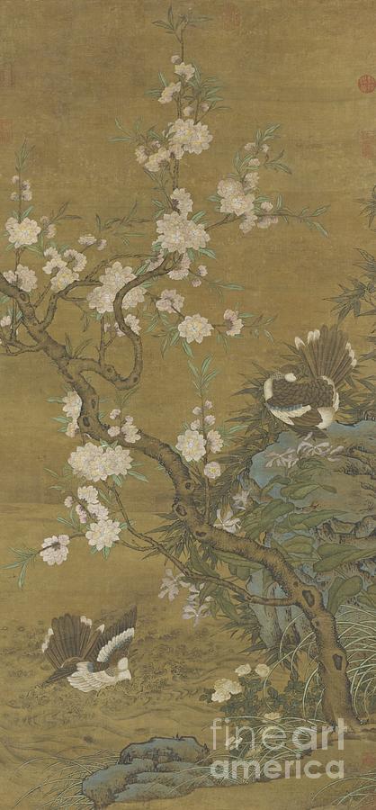 Attributed to Liu Wenhui PEACH BLOSSOM BAMBOO AND DOVES ink and color ...