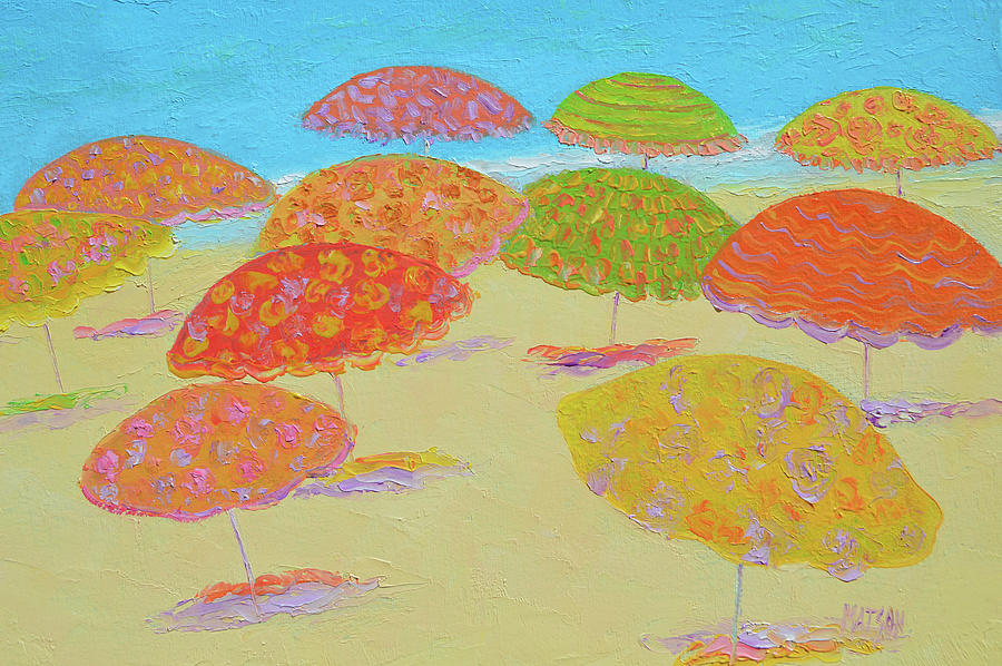 Autumn Beach Umbrellas Painting by Jan Matson
