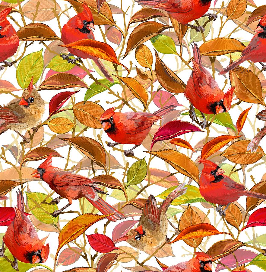 Autumn Cardinals - White #2 Drawing by L Diane Johnson
